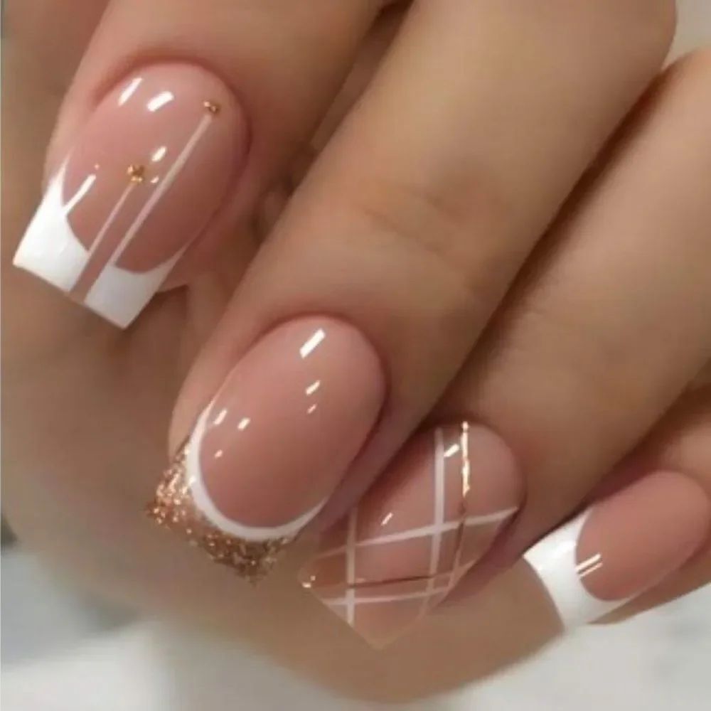 3for$20 24pcs/set Medium Square Shaped Fashionable White French Gold glitter